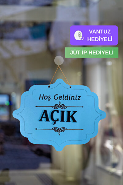 Kutaydan Ahşap Dekoratif Kesim Açık-Kapalı Yazısı - Açık Mavi