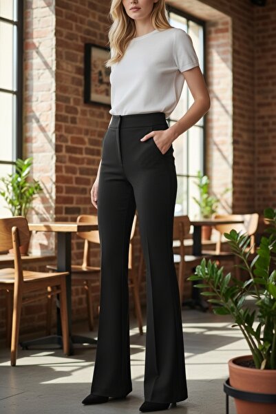 modayiğit Siyah İspanyol paça kadın kumaş pantolon