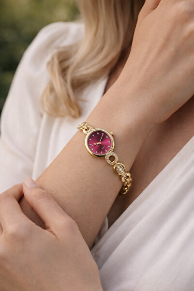 Boris Accessory Kadın Gold Taş Detaylı Zincir Kordon Bordo Kadran Şık-Zarif K...