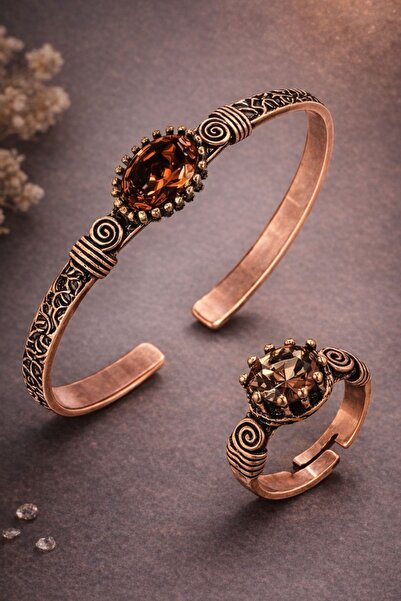 İyyaKee Kadın Bakır Bileklik Yüzük Set Zultanit Taşlı Kelepçe Bilezik