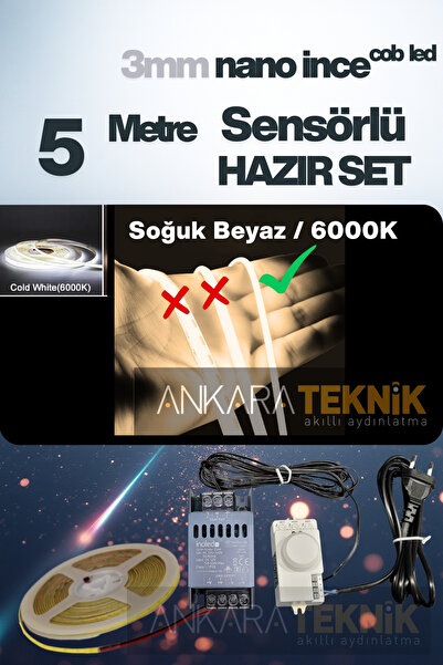 ankarateknik 3mm. Nano Ince Hareket Sensörlü Tak Çalıştır Cob Şerit Led/ 5 Me...