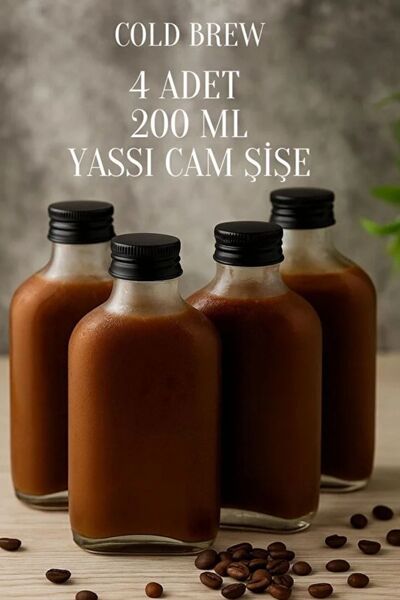 Tanemce 4 Adet Şeffaf Cold Brew Siyah Kapaklı Soğuk Kahve Yassı Cam Şişe 200 ml