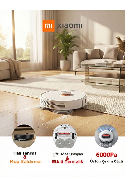 Xiaomi 6000Pa Üstün Emiş Güçlü Yeni Nesil Teknolojili Premium Robot Süpürge,Ç...