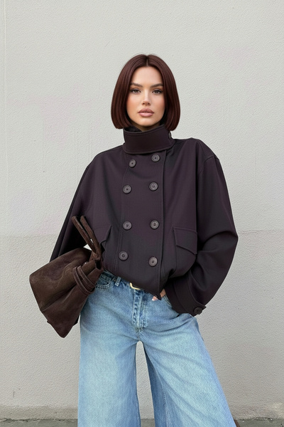 SHILSEE BEUTİQUE جاكيت قصير نسائي بتصميم أنيق مع ياقة قائمة وأزرار بلون بني داكن