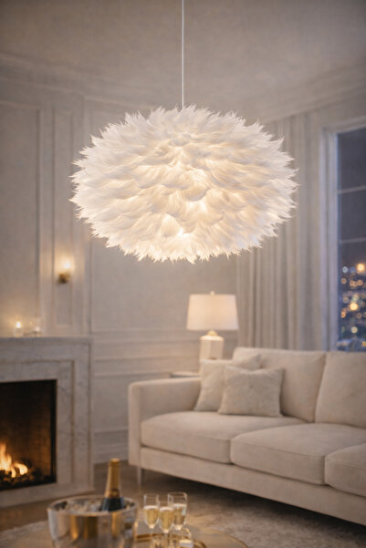 Luna Lighting Flora Model Beyaz Tüylü Kumaş Modern Estetik Tekli Sarkıt Avize