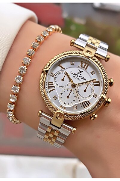 Daniel Klein ساعة يد نسائية باللون الأصفر والفضي مع هدية سوار