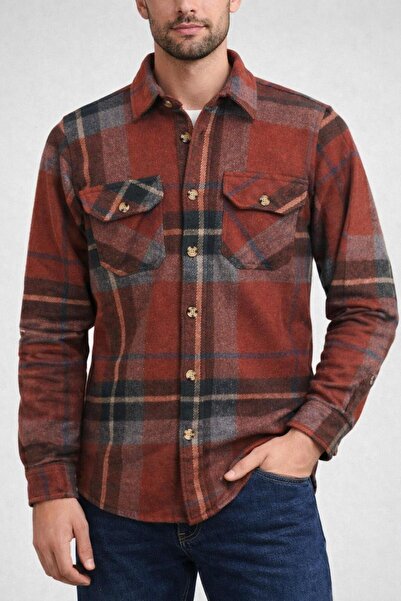 Le Marin Erkek Kırmızı Mavi Oduncu Gömlek Cepli Kalın Kumaş