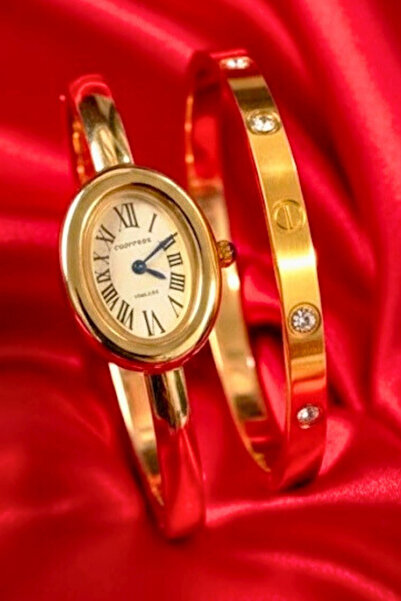 Crc Bijuteri ساعة نسائية ذهبية اللون من الفولاذ بأرقام رومانية وسوار معصم مرص...