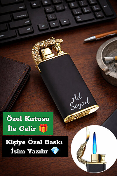 TrendÜrünlerim Kişiye Özel Timsah Figürlü Çift Alev Gazlı ÖZEL KUTULU