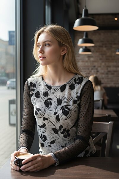 modayiğit Gri tül siyah kadife yapraklı şık transparan kadın bluz