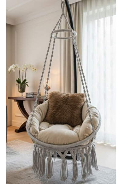 WOODSHUT Tek Kişilik Makrome El Örgüsü Salıncak (AÇIK GRİ) Mis38003