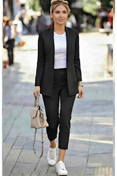 rengastyle طقم بنطال وسترة من قماش أطلس (أسود)