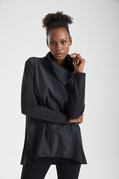 IMBUE Parachute Textured Asymmetrical Zippered High Collar Anthracite Tunic