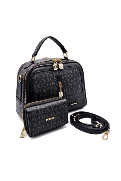 Just Polo Kadın Siyah 5 Gözlü Monogram Baskılı Çanta Cüzdan Kombini