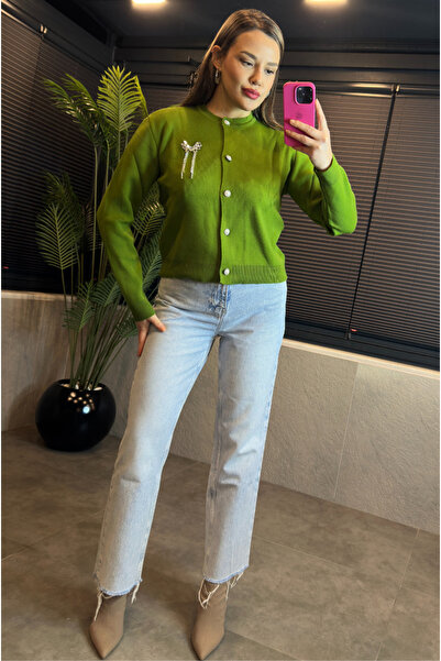 MİR STORE Green Knit Cardigan with Brooch Detail