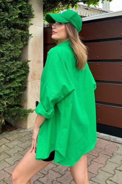 bb butik basic Oversize Keten Dokulu %100 Pamuk Tek Cepli Salaş Gömlek BB-KU3435