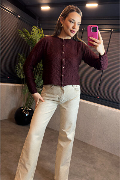 MİR STORE Burgundy Bürümcük Short Knit Cardigan