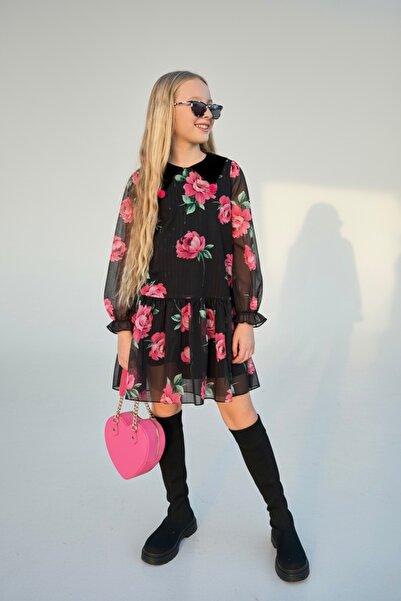 SheShe Gül Desenli Kız Çocuk Elbisesi