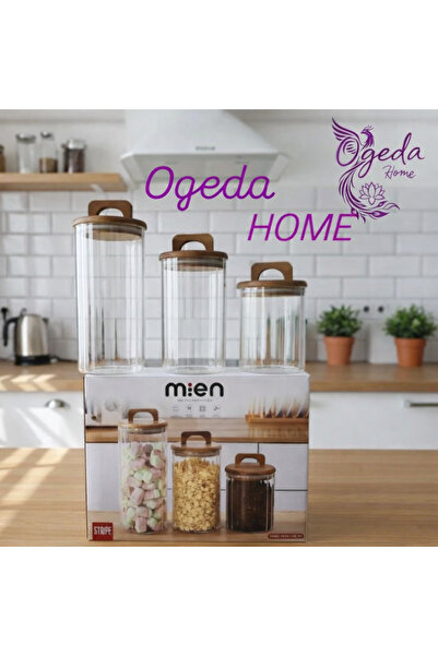 MİEN 3-Piece Acacia Lid Glass Jar Set – Vacuum Sealed / Food, Legumes & Coffe...
