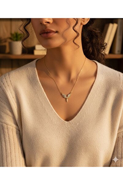 Store Yüzde Yüz Çelik Zincir Altın Kaplama Zirkon Taşlı Melek Kolye