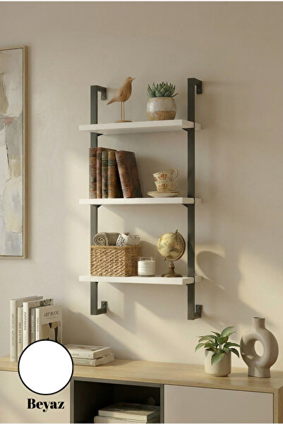 Euromob 3 Raflı Beyaz Kitaplık | Siyah Profil | Duvar Rafı | 40x20 Ebatında A...