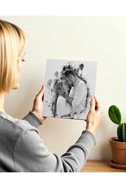 Hediyesepeti Karakalem Tasarımlı Kişiye Özel Fotoğraf Efektli Kanvas Tablo 25x25 cm