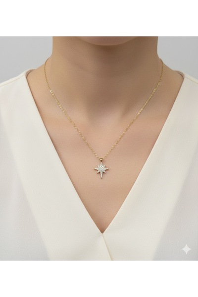 Store قلادة نسائية من الفولاذ الذهبي المقاوم للصدأ مع حجر الزركون وشكل نجمة ا...