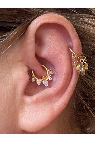 Bylin Zirkon Taşlı Titanyum Daith,Septum,Helix Kilitli Halka Piercing-Halka Ç...