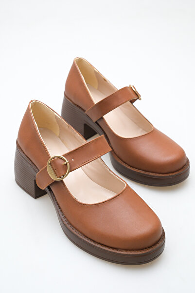 Redoxy Kadın Özel Tasarım Platform Topuklu Zarif Tokalı Bantlı Balerin Taba R...