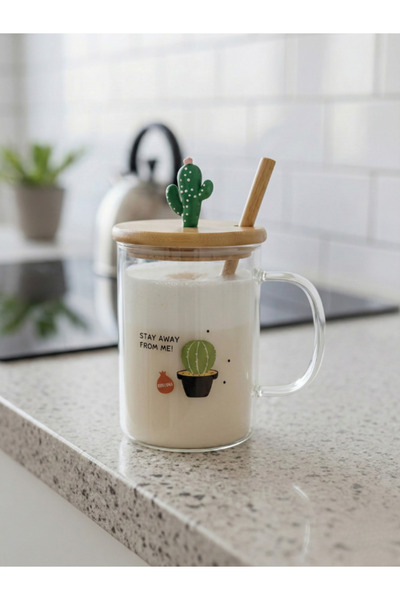BATURAY TİCARET Heat Resistant Borosilicate Glass Mug with Bamboo Lid Cactus