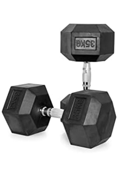 Generic 35KG Rubber Hex Dumbbells PAIR with Chrome Handle – Anti-Roll Weights...