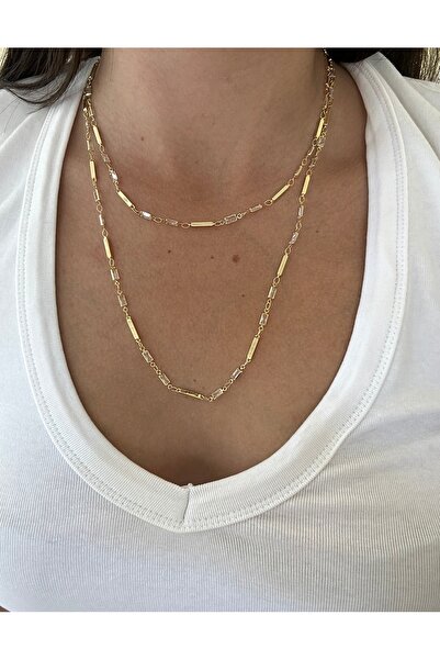 Charmist 14K Çelik Üzeri Altın Kaplama 90 Cm Taşlı Zincir Kolye