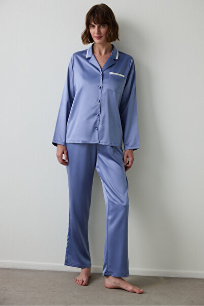 Penti Indigo Hailee Satin Shirt Collar Long Sleeve Pajamas Set