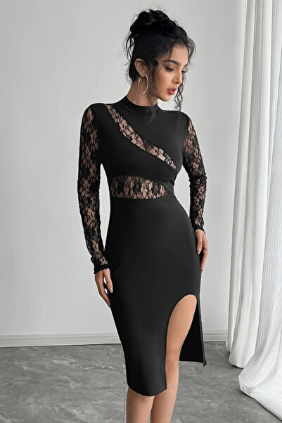 Viyamo Kadın Uzun Kollu Balıkçı Yaka Dantel Detaylı Yandan Yırtmaçlı Mini Elbise