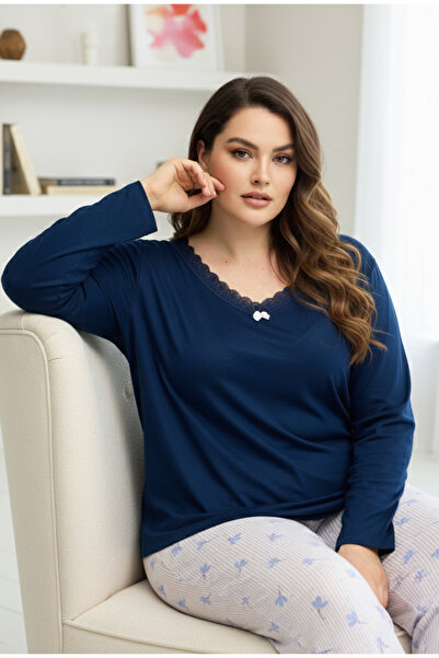 Siyah İnci lacivert desenli Curve Büyük Beden Battal Boy Pamuklu Pijama Takım...