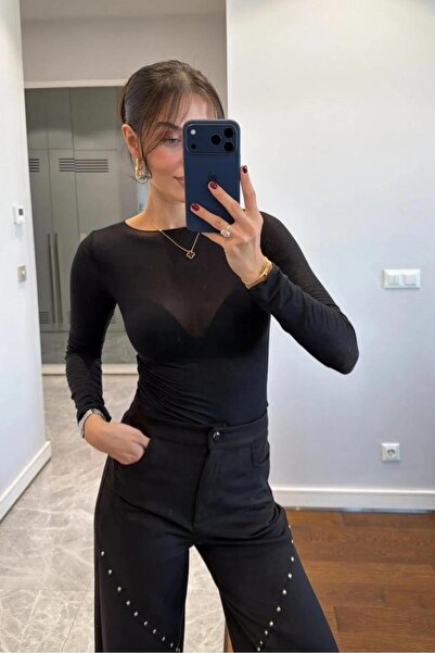 khar moda Kobieta CZARNA BLUZKA Z PRZEZROCZYSTYM KOŁNIERZYKIEM