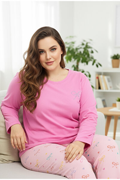 Siyah İnci Ροζ σχέδιο Curve Plus Size Oversize Βαμβακερό κοστούμι πιτζάμες252...