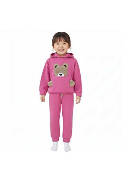 fancykidsantalya Girl's Tracksuit Set Cherry Color Plush Teddy Bear Printed C...