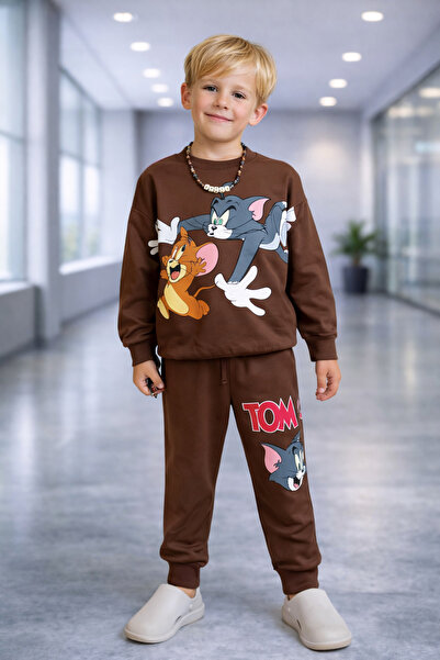 RAPAPA Σετ αθλητικής φόρμας για αγόρι με τύπωμα κάτω επάνω καφέ - 4053