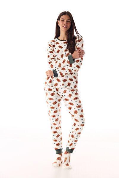 Penti Kırık Beyaz Gingerbread Bisiklet Yaka Uzun Kollu Pijama Takımı