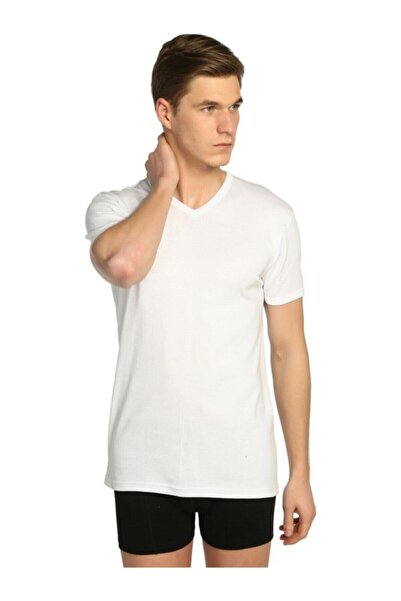 Tutku قميص داخلي رجالي أبيض مضلع برقبة على شكل حرف V - عبوة من 6 قطع