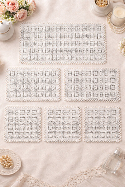 esdekor 6'lı Vintage El Işi Dantel Örtü Seti 1x22x33 2x20x29 3x22x22cm Salon/...