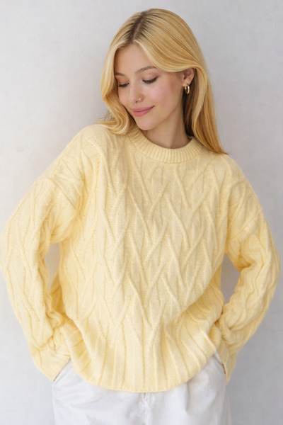 Duuf Yellow Oversized Crew Neck Soft Textured Knitwear Sweater Df008