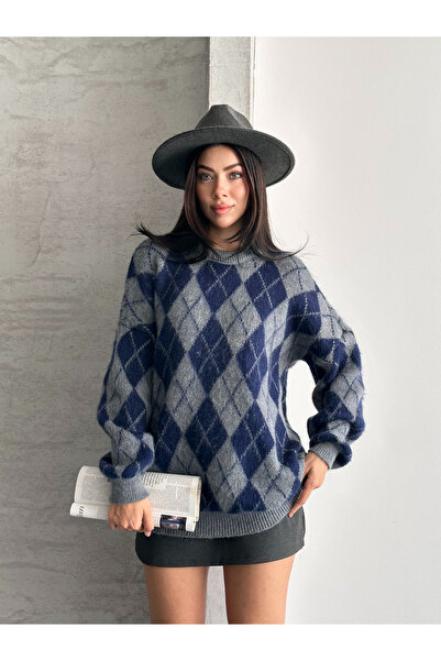 FERZOLAİO Plaid Patterned Gray Knitwear Sweater