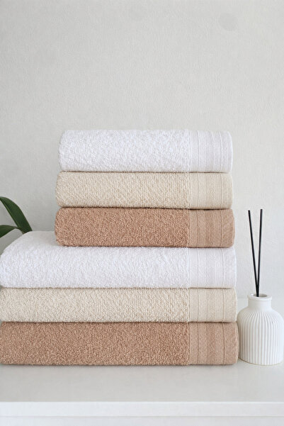 towboo طقم حمام عائلي من القطن مكون من 6 قطع صديق للبيئة (بني فاتح، بيج، أبيض)