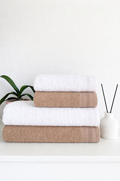 towboo Eco-Friendly 4-Piece Cotton Bath Hammam Set (Light Brown, White)