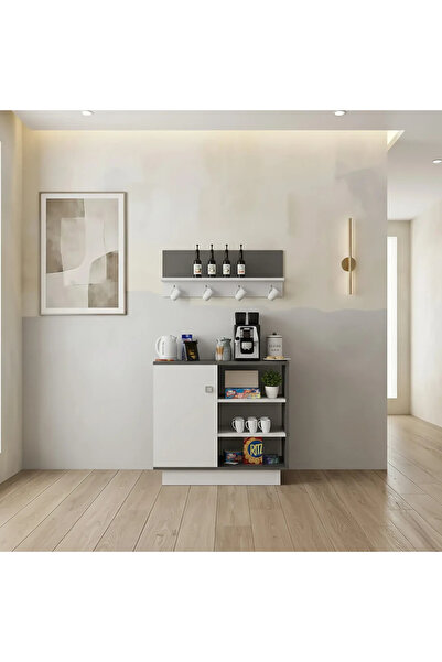 Stylish Home White and Grey Corner Coffee Table with Wall Shelf - RC49