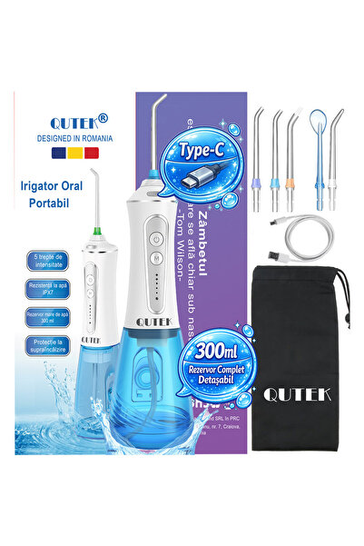 QuTek Irigator Bucal tip Dus Bucal Portabil, incarcare Type-C, 1400 pulsatii,...