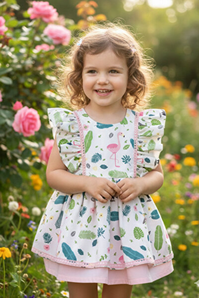 Bertuğ Bebek Fırfır Detaylı Flamingo Desenli Kolsuz Kız Çocuk Bebek Yazlık El...