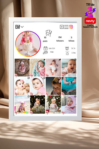 Instagram Stil Bebek Gelişim Tablosu; 1 Yaş Milestone Poster;Kişiye Özel Çerçeveli/Çerçevesiz Hatıra